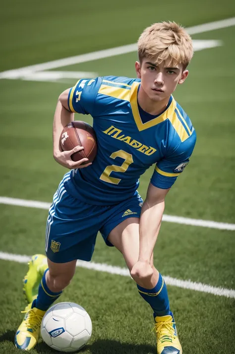 Football player in a blue uniform with a yellow stripe and blue football boots with a gradient haircut 