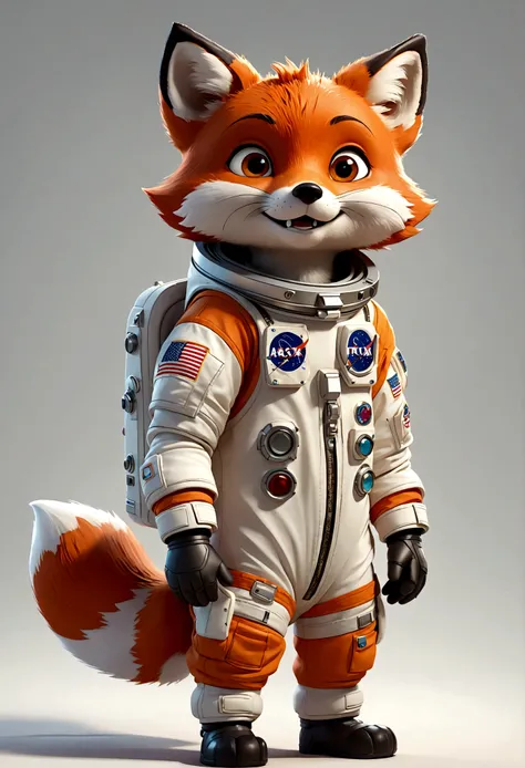 cute anthropomorphic little fox character, Astronaut outfit, multiple poses and expressions, 4 poses, full body, childrens book illustration style, simple, cute, artist, full color, 3d model, light and shadow, suit clothes, flat color, white background, lo...