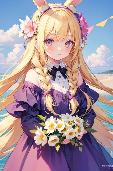 1girl, solo,  long hair, looking at viewer, smile, bangs, blonde hair, hair ornament, holding, animal ears, light blonde eyes, upper body, braid, flower, hair flower, bunny ears , twin braids, lips, animal, watermark , rabbit, head crown, holding animal, f...