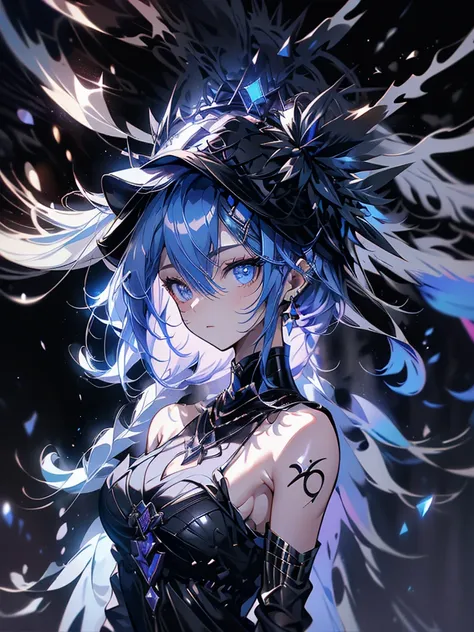 25-year-old girl、wearing a black elegant hat、Rune background、black magician、Wearing a black robe、mesmerize、cute woman、Elegant hairstyle、indigo hair color、Slightly shorter hair、blue eyes、look at the viewer、masterpiece、Best image、