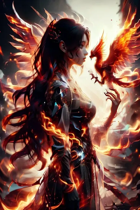 1girl,she has red eyes,phoenix,fire,flare,around fire aura, explosionmagic,she holding sword,she is warrior,knight