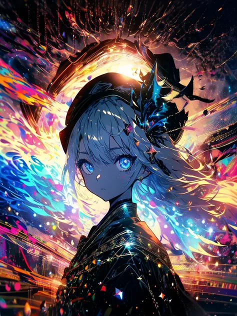 20-year-old girl、wearing a black elegant hat、Rune background、black magician、Wearing a black robe、mesmerize、cute woman、Elegant hairstyle、indigo hair color、Slightly shorter hair、blue eyes、look at the viewer、masterpiece、Best image、