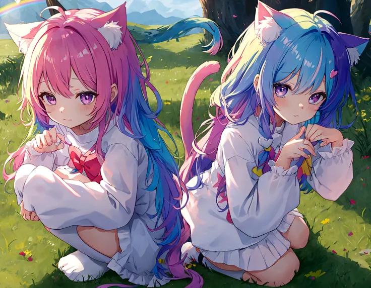 Rainbow hair,Heart-shaped pupil ,Avoiding eyes，cute，Shy expression，Cat ear,Kneeling,Body tilt，Fluffy little tail，Grass background，masterpiece，detail，Ultra HD