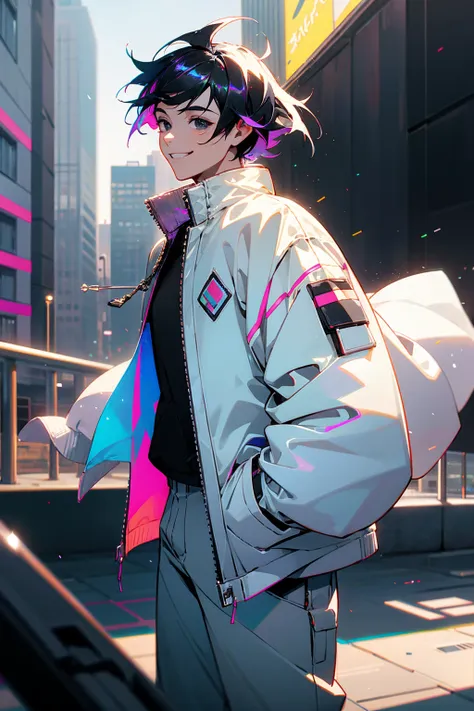 1male, iridescent hair, short hair, black eyes, smiling, open white jacket, baggy black joggers, city background, detailed backg...