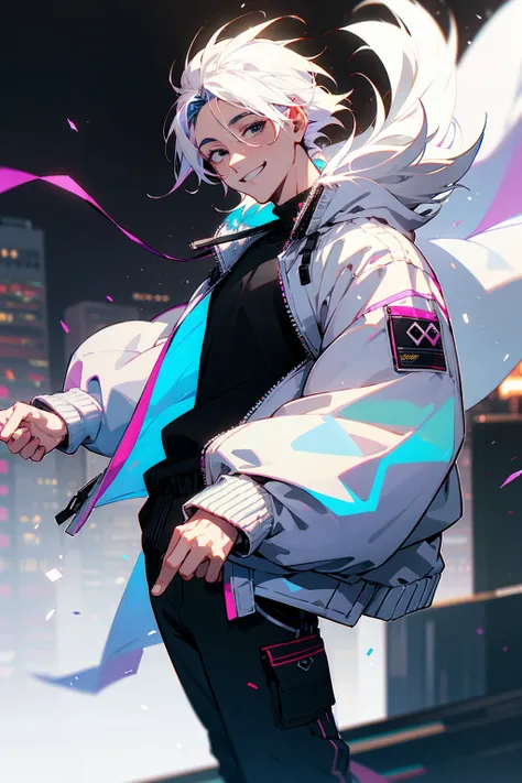 1male, iridescent hair, short hair, black eyes, smiling, open white jacket, baggy black joggers, city background, detailed backg...