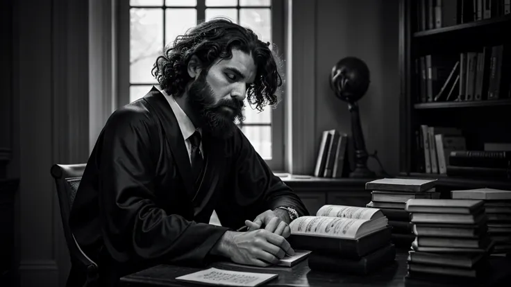 A dramatic black and white portrait of a pensive, bearded man with curly hair, dressed in robes and sitting at a desk with books, in the style of classical sculpture. The image has a moody, contemplative atmosphere.


