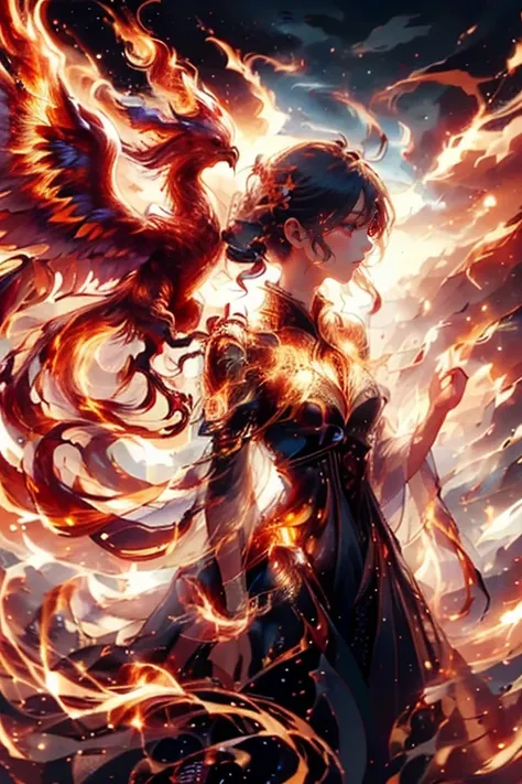 1girl,she has red eyes,phoenix,fire,flare,around fire aura, explosionmagic,she holding sword,she is warrior,knight