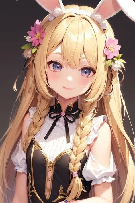 1girl, solo,  long hair, looking at viewer, smile, bangs, blonde hair, hair ornament, holding, animal ears, light blonde eyes, upper body, braid, flower, hair flower, bunny ears , twin braids, lips, animal, watermark , rabbit, head crown, holding animal, f...