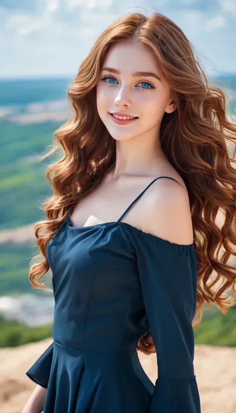 with high definition images，a stunning portrait of a 17-year-old girl with chestnut hair, under a bright, sunny summer sky、a bre...