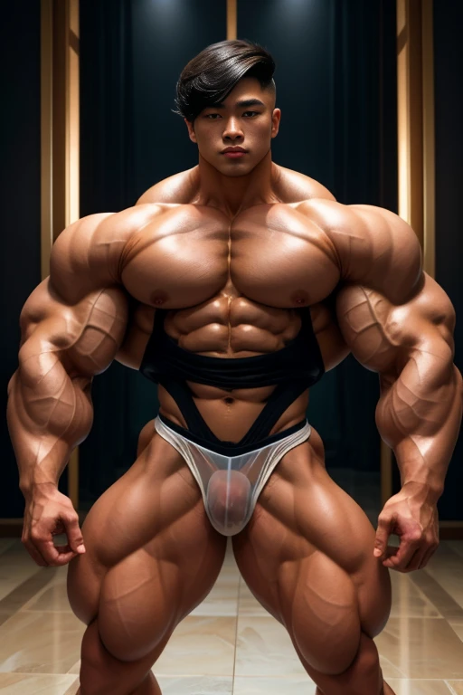 1 sexy Asian boy with semi-short hair and a lot of body hair, he is super strong with a lot of muscle., completamente desnudo, She wears a small, very transparent maid outfit that is very revealing and sexy., limpia el piso, gatea, revelador, desnudo, cuer...