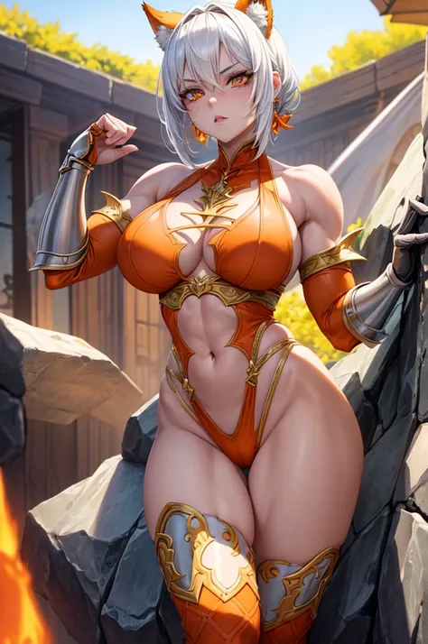 beautiful woman with short white hair, orange inferno eyes, wolf ears and a braided ponytail. She is wearing a revealing, sexy, fantasy knight armor with legplates. Her body is muscular and she is incredibly sexy. Her eyes are orange and her gaze is fierce...