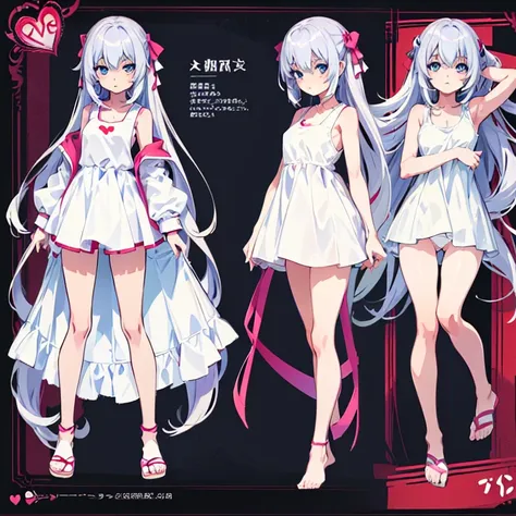 Anime style,masterpiece, high quality, 最high quality, ((Character design sheet, )),One woman,Slender figure,Small breasts,White tank top,White panties,Heart-shaped pupils,Gray Hair,Blue eyes