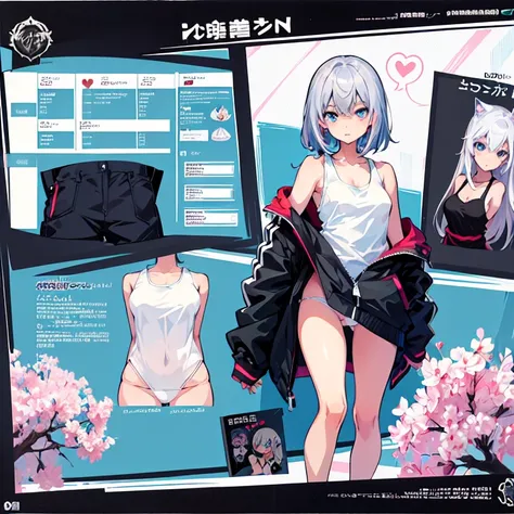 Anime style,masterpiece, high quality, 最high quality, ((Character design sheet, )),One woman,Slender figure,Small breasts,White tank top,White panties,Heart-shaped pupils,Gray Hair,Blue eyes