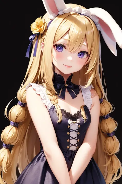 1girl, solo,  long hair, looking at viewer, smile, bangs, blonde hair, hair ornament, holding, animal ears, light blonde eyes, upper body, braid, flower, hair flower, bunny ears , twin braids, lips, animal, watermark , rabbit, head crown, holding animal, f...