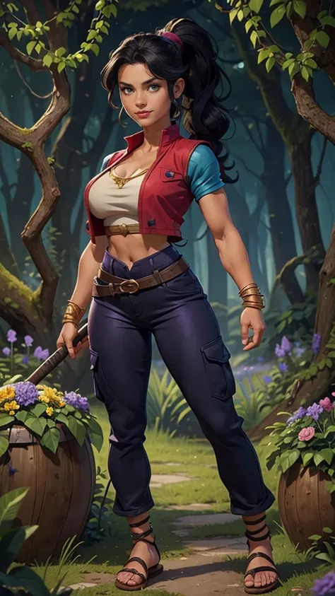 Barbarian Druid outfit, woodland armor, flowers and vines made into an outfit, Solo, female, slightly muscular, slightmuscle, big blue eyes, fantasy outfit, forest, pants, cropped jacket, modest clothingBlack hair, Black curly long hair in a ponytail, ligh...