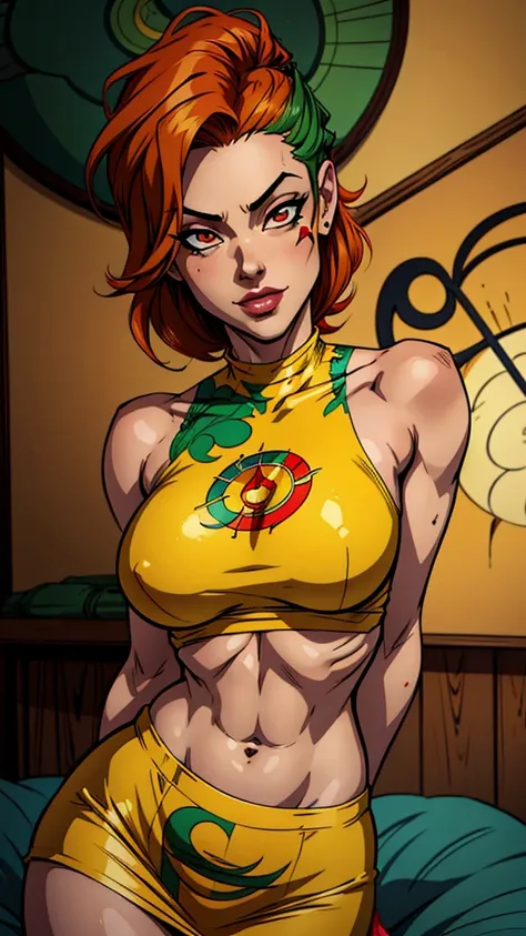 25 year old girl manga style ,delgada con cabello corto color  estilo bob color amarillo,ojos verdes oscuros, con mirada linda  y sonrisa  con busto estilo nanatsu no taizai,with anime style clothes,with top and crimson red chameleon tattoo on the abdomen 