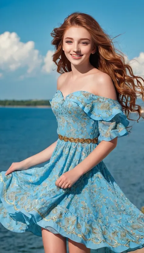 with high definition images，a stunning portrait of a 17-year-old girl with chestnut hair, under a bright, sunny summer sky、a bre...