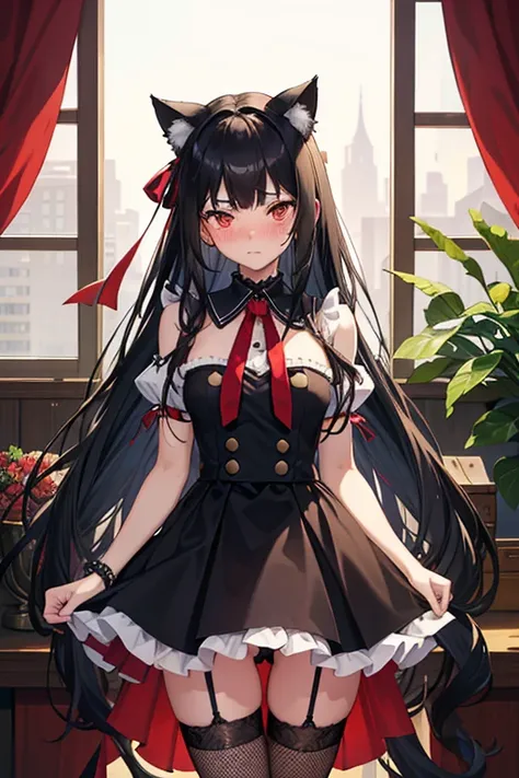 18 yeas old, girl, black hair, long hair, slim, big tits, narrow red eyes, cute, cat ears, (embarrassed,  blush:1.2), (angry:1.1), sailor uniform, See-through, ribbon, fishnet, garter belt, frills, Kneesocks, high heels, blue rose, headdress, frontal, stan...