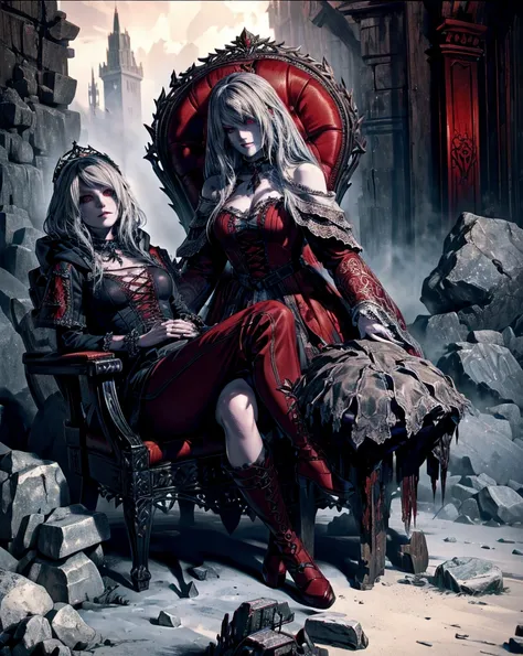 (best quality), (masterpiece), (high resolution), [:intricate details:], (detailed background) a hooded Ashely Graham woman sitting on a throne with skulls around her, she has red eyes,her outfit has red color, her skin is white like a vampire, dark fantas...