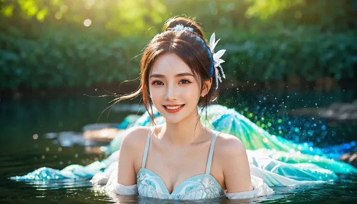 Beautiful woman, Smile, particle, Streamer, water, Sexy, fantasy, comics, anime, Rich colors, complex, Bokeh, Nice background