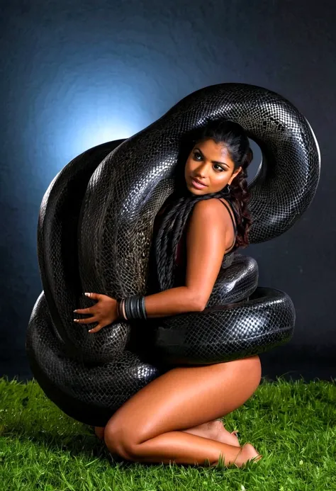  Happy Horny, aroused 1girl), beautiful kneeling indian thick young teen girl  with  giant colossal black titanboa squeezing her hard, wrapped in thick spiraling coils, constricted, struggle, gasping for air, snake attack, snake peril, moonless night, dim ...