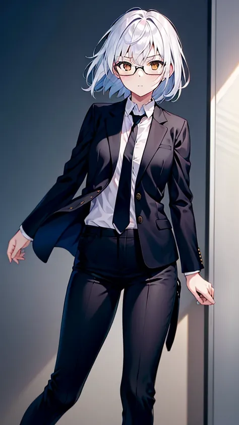 Masterpiece, 1girl, solo, female, white hair, white shirt, black pants, black jacket, short hair, brown eyes, perfect body, cowboy shots, standing, perfect arms, perfect leg, glasses, necktie 