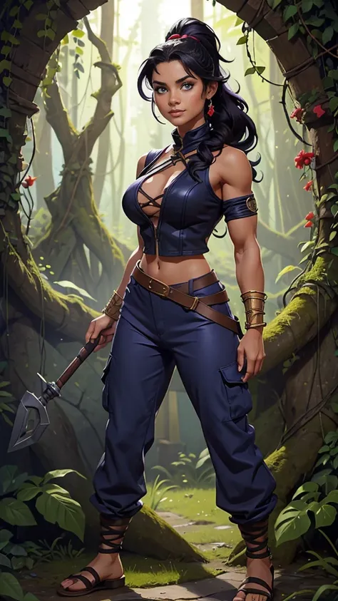 barbarian druid outfit, woodland armor, flowers and vines made into an outfit, solo, female, slightly muscular, slightmuscle, bi...