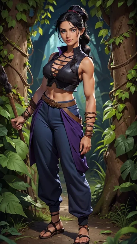 Barbarian Druid outfit, woodland armor, flowers and vines made into an outfit, Solo, female, slightly muscular, slightmuscle, big blue eyes, fantasy outfit, forest, pants, cropped jacket, modest clothingBlack hair, Black curly long hair in a ponytail, ligh...