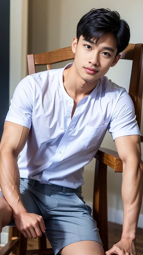 Masterpiece, best quality, High quality, วอลล์เปเปอร์ CG unity 8k ที่มีvery detailed, depth of field, HDR,,photorealistic,very detailed, 1 man sitting on a chair, Asia, black short hair, , (Thai , white shirt), dark Blue cargo shorts, chest muscles, Big ar...