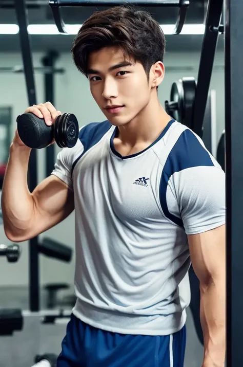 (Man in his 20s, Refreshingly handsome, Kind Face, Hallyu, tall), (Sportswear, Gymのトレーナー, Gym)