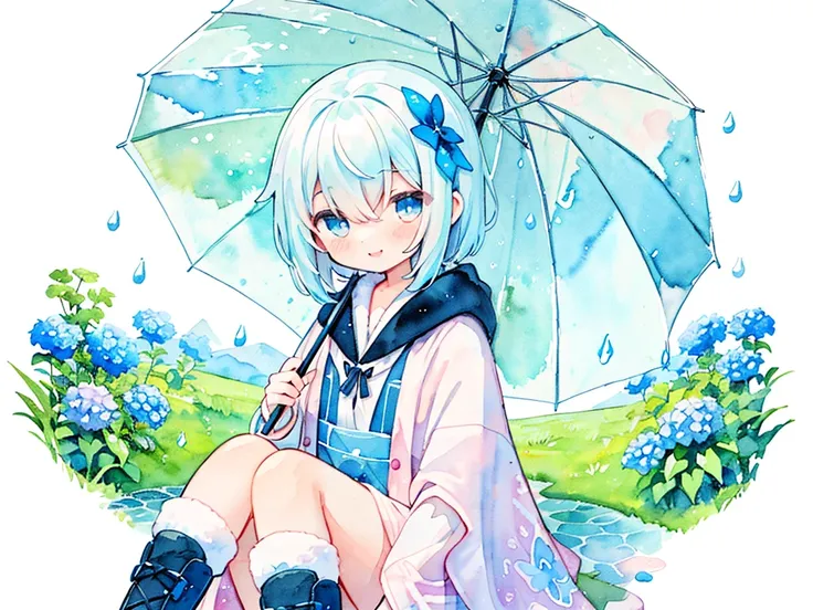 (pastel colour:1.5)、(cute illustration:1.5)、(Watercolor:1.2)、(One Girl:1.0)、Hair between the eyes、White Background、With a girl、whole bodyエスビアン、Use an umbrella、Holding an umbrella, Rain Girl, rain, poncho、Blue and light blue motif、rainをモチーフに, blue eyes, cut...