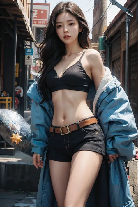 a girl, Thick belly button hoodie, long sleeve, (bare midriff, exposed navel), sexy abs, navel open，completely exposed abdomen, Low-rise hot pants，Exposing the entire abdomen，Mermaid Line, groin，metal belt, cowboy shot, summer street, 8k, best quality, mas...