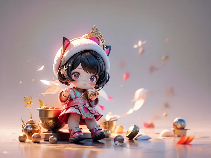 picture of chibi, a chubby girl with pink cheeks wearing an ancient thai pattern sash, holding tom yum goong in her hand. the ba...