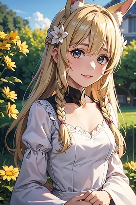 1girl, solo,  long hair, looking at viewer, smile, bangs, blonde hair, hair ornament, holding, animal ears, light blonde eyes, upper body, braid, flower, hair flower, bunny ears , twin braids, lips, animal, watermark , rabbit, head crown, holding animal, f...