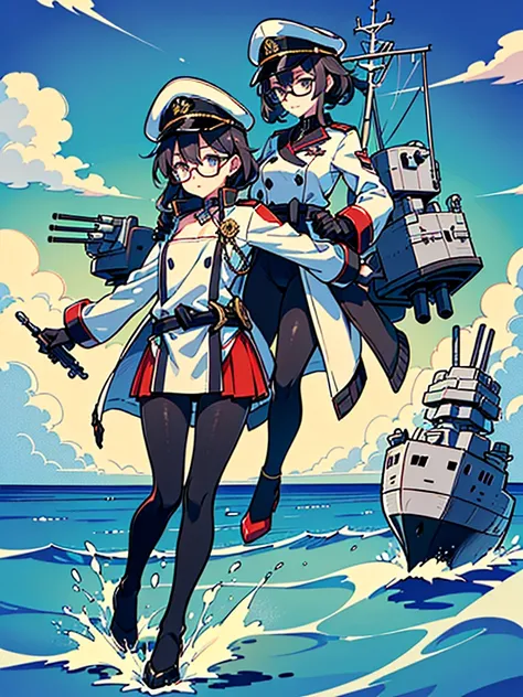 ((((Full body of a woman with perfect flat chest、Short unkempt black hair、white military jacket、Miko costume、tights、Black glasses、White military cap、Cloudy eyes、Sleepy expression)))), (((masterpiece))), (((Shipgirl))), (Another woman hugging、Long purple ha...