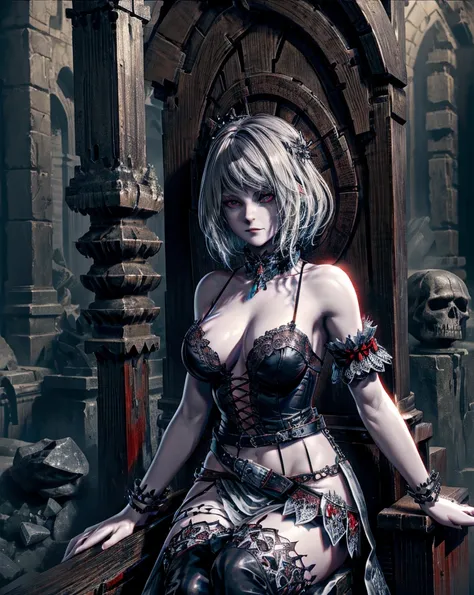 (best quality), (masterpiece), (high resolution), [:intricate details:], (detailed background) Ashely Graham, a hooded woman sitting on a throne with skulls around her, she has red eyes,her outfit has red color, her skin is white like a vampire, dark fanta...