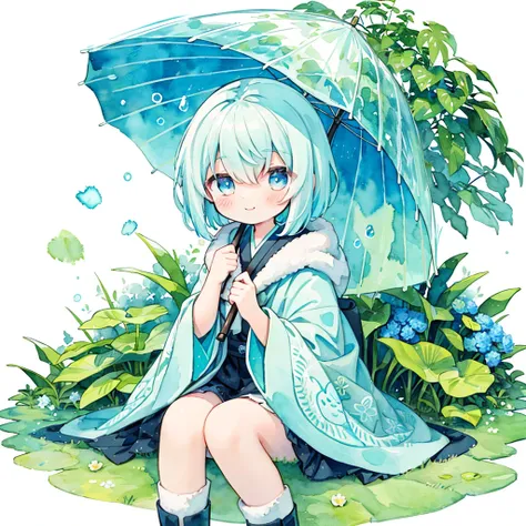 (pastel colour:1.5)、(cute illustration:1.5)、(Watercolor:1.2)、(One Girl:1.0)、Hair between the eyes、White Background、With a girl、whole bodyエスビアン、Use an umbrella made of a large leaf、Holding a leaf umbrella, Rain Girl, rain, poncho、Blue and light blue motif、r...