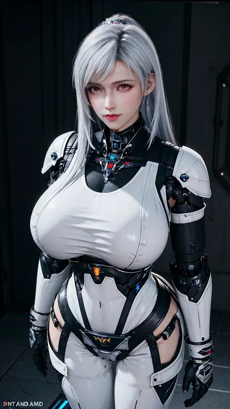 Solo, stand up straight, black hair, physically-based rendering, Unreal Engine 5 Render, (muscular body shape),(very huge fake breast:1.5), 11 line abs, big Hips, ((beautiful cyborg woman,Black Mecha cyborg girl,cyber crop armored,white Mecha body girl,gua...