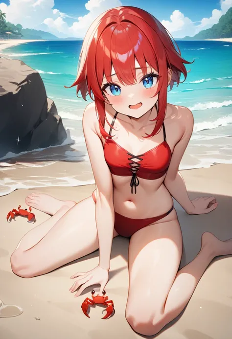 1girl, crab pincers, small natural breasts, short red hair, blue eyes, red swimsuit, barefoot, beach, masterpiece quality, ultra HD, 4K, best quality, 