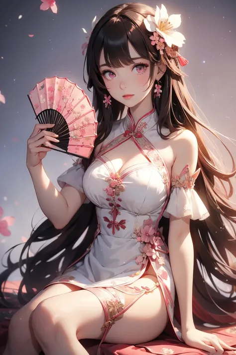  , One girl, alone, Long Hair, chest, dress, china dress, Brown Hair, Chinese clothing, large chest, Sitting, View Viewer, white dress, Exposing shoulders, White Background, No sleeve, hair ornaments, Thighs, flower柄プリント, No sleeve dress, bangs, hand fan, ...