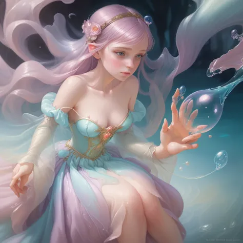 a painting of a woman in a dress blowing bubbles, loish and wlop, ethereal bubbles, moebius + loish + wlop, dreamy and detailed, intricate wlop, closeup fantasy with water magic, fairytale artwork, fairytale painting, in style of anna dittmann, wlop art, r...