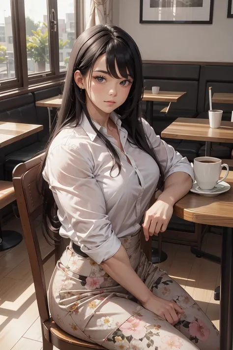 Cafe, indoor, chair, upper body, table, sit, too much muscle,thigh,set,floral print, look at viewer, long hair, black hair,  (white shirt:1.1)