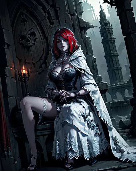 (best quality), (masterpiece), (high resolution), [:intricate details:], (detailed background) Ashely Graham, a hooded woman sitting on a throne with skulls around her, she has red eyes,her outfit has red color, her skin is white like a vampire, dark fanta...