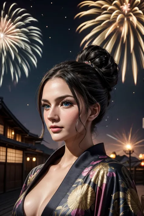 masterpiece, best quality, extremely detailed, hyperrealistic:1.1, photorealistic, a beautiful 20s russian model, ultra detailed face:1.1, half updo, black hair, japanese yukata, fireworks festival, detailed fireworks:1.1, fireworks burst in a multitude of...