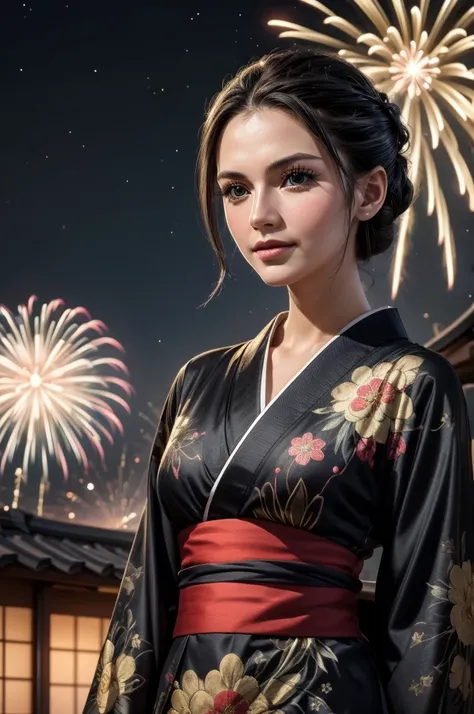 masterpiece, best quality, extremely detailed, hyperrealistic:1.1, photorealistic, a beautiful 20s russian model, ultra detailed face:1.1, half updo, black hair, japanese yukata, fireworks festival, detailed fireworks:1.1, fireworks burst in a multitude of...