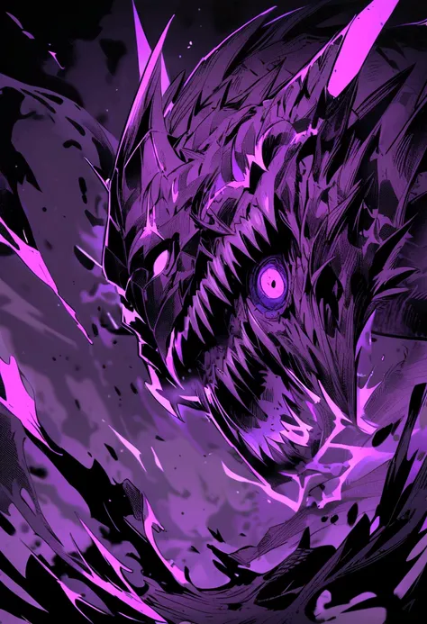 The dragon that like a buffalo with dark aura , dark purple scale , purple eye , sharp tooth and nail , long tail