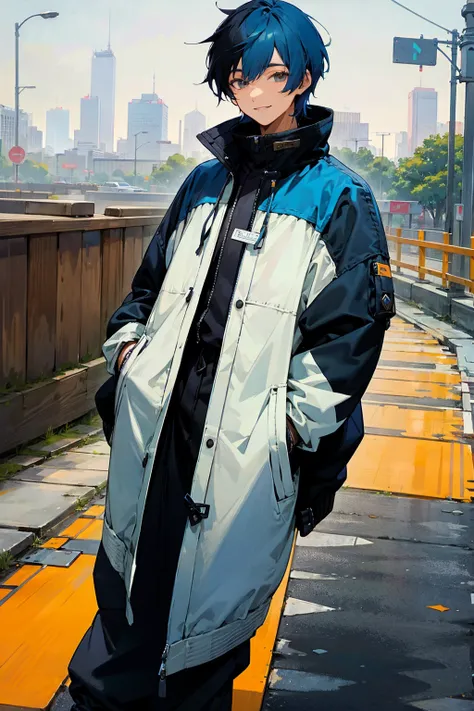 1male, blue hair, black hair, half color hair, smiling, open jacket, baggy joggers, city background, detailed background, hands to side, standing on path