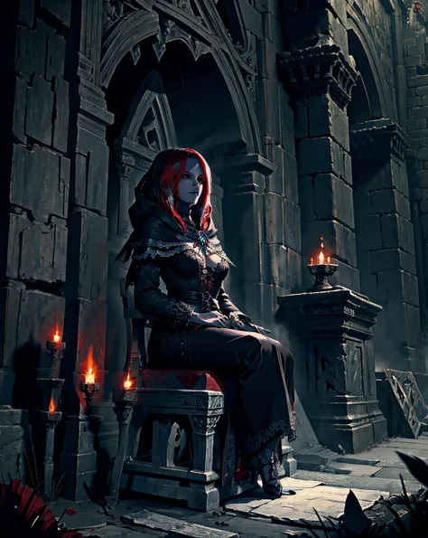 (best quality), (masterpiece), (high resolution), [:intricate details:], (detailed background) Ashely Graham, a hooded woman sitting on a throne with skulls around her, she has red eyes,her outfit has red color, her skin is white like a vampire, dark fanta...