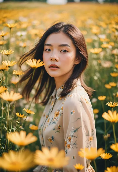 Blurred moving MagMix Girl on a beige background, double exposure, field of flowers, super low angle, minimal, realistic, shot by Kodak Ektar 100