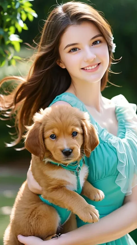 18-year-old woman holding a puppy, Upper Body、Haldebt Background、Light brown hair, Hair that falls over the shoulders, debtloating hair, hair debtlaps, Aqua Eye, The pupils shine, smile, shy, Embarrassing, Lips parted, mischief debtace, mischief, Art Deco,...